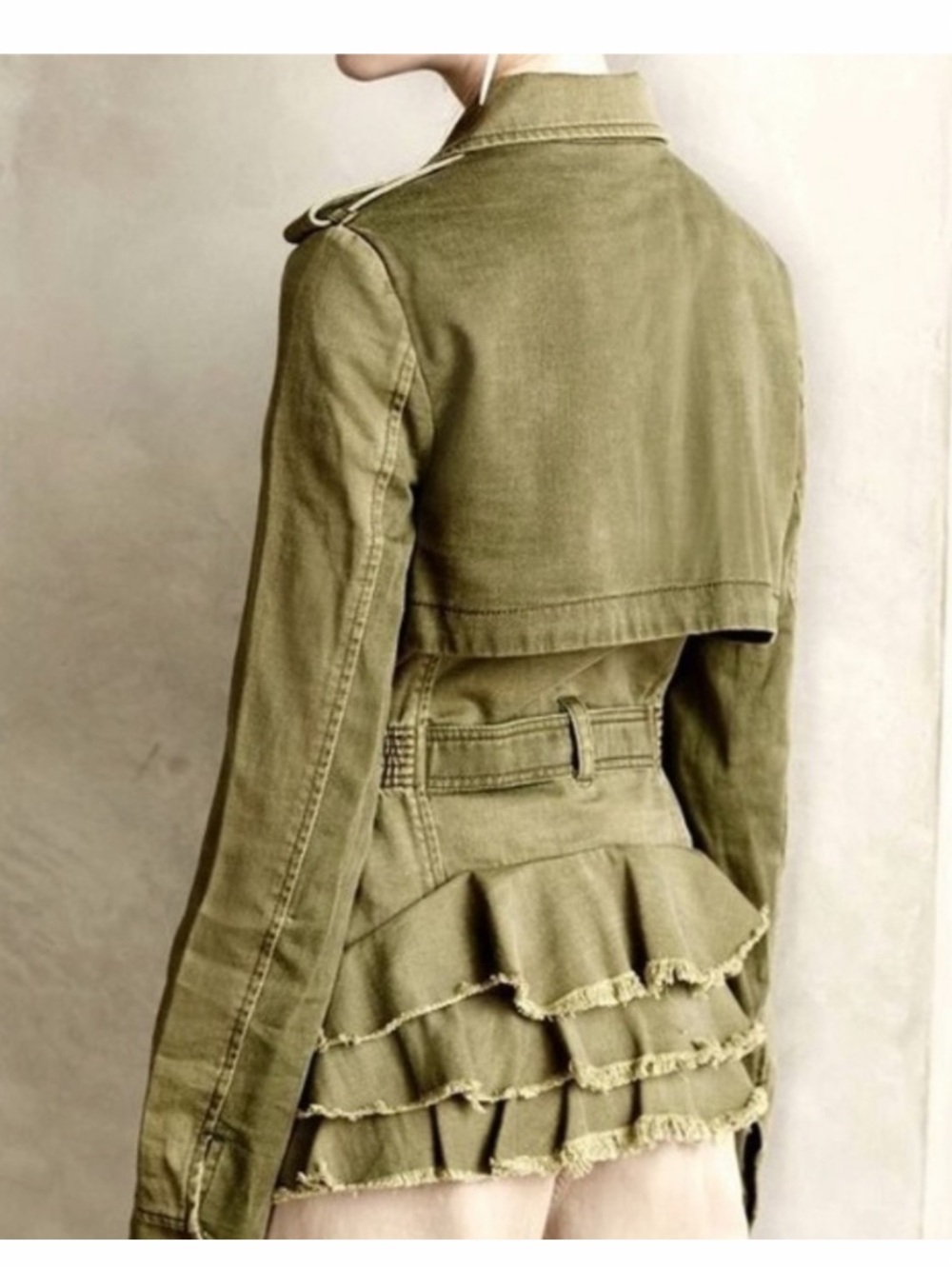 ANTHROPOLOGIE HEI HEI Modern Arty Ruffle Peplum Olive Utility Tie-Waist Jacket S